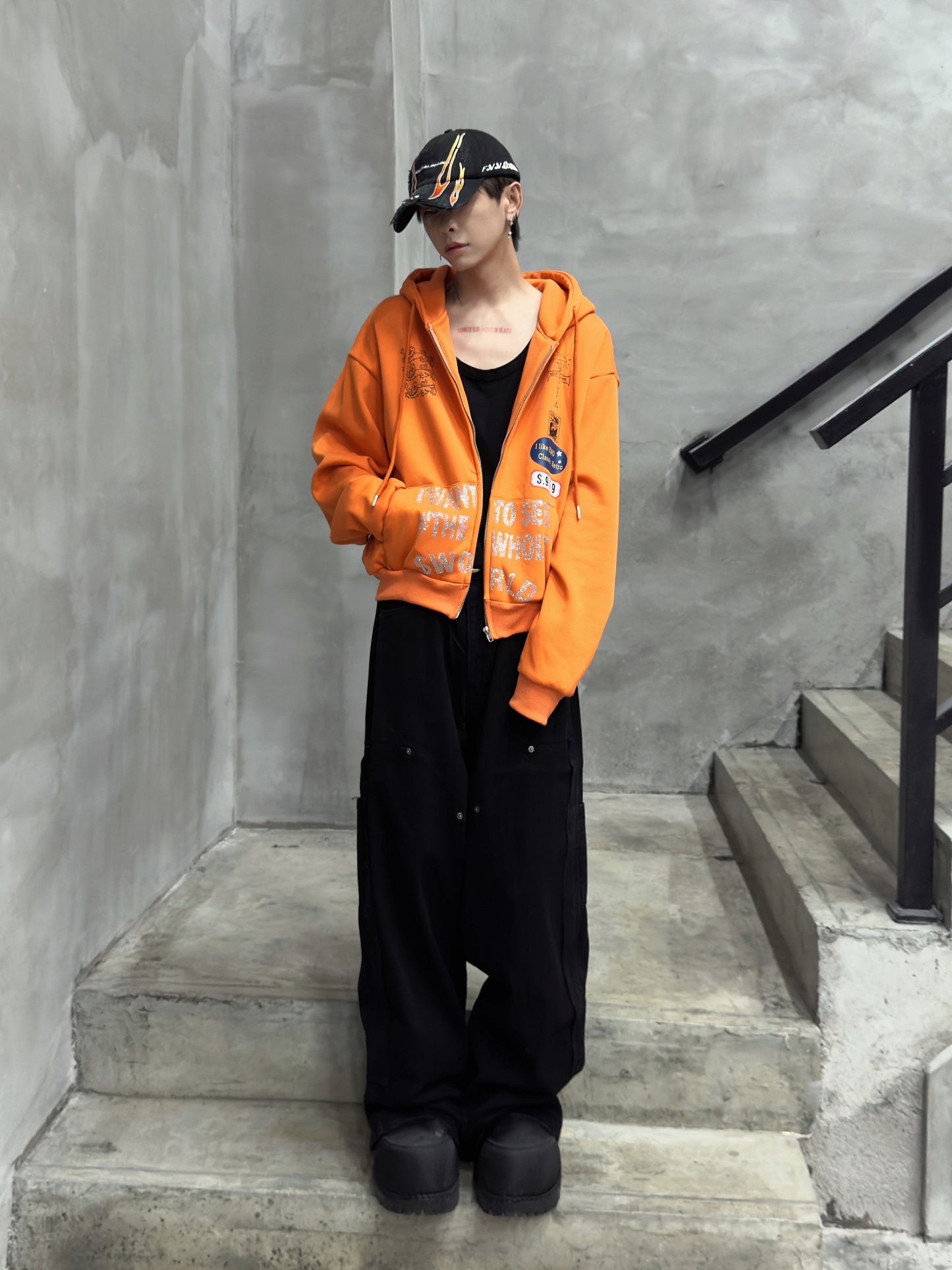 Rhinestone Design Fleece Zipper Hoodie WN22950