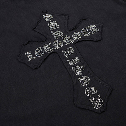 Cross Rhinestone Washed Damage Sleeveless T-Shirt WN25606