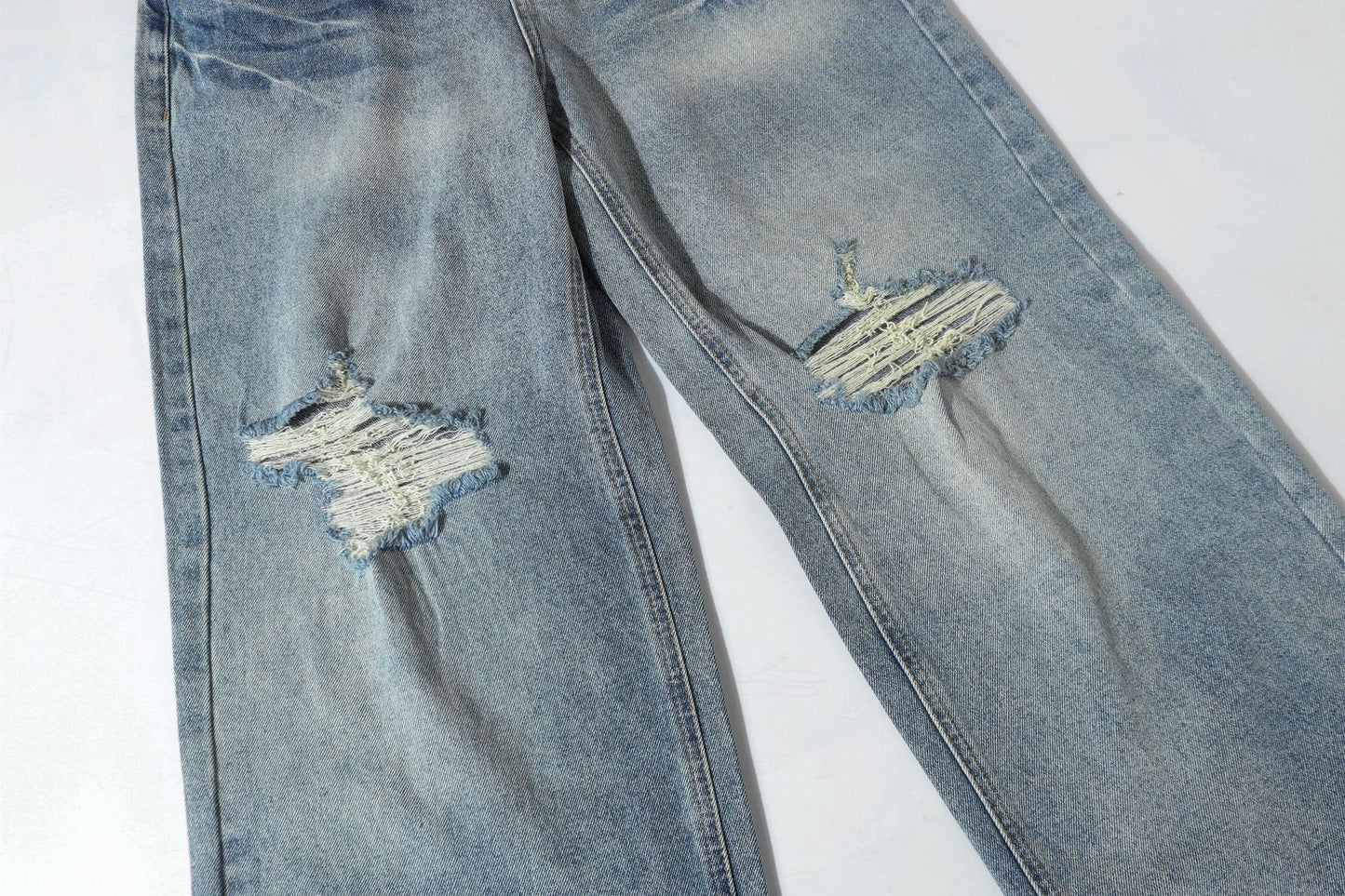 Washed Whisker Damage Wide Leg Denim Jeans WN26121