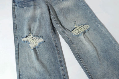 Washed Whisker Damage Wide Leg Denim Jeans WN26121