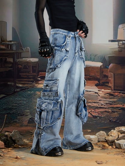 Splicing Multi-Pocket Washed Damage Cargo Denim Jeans WN21334