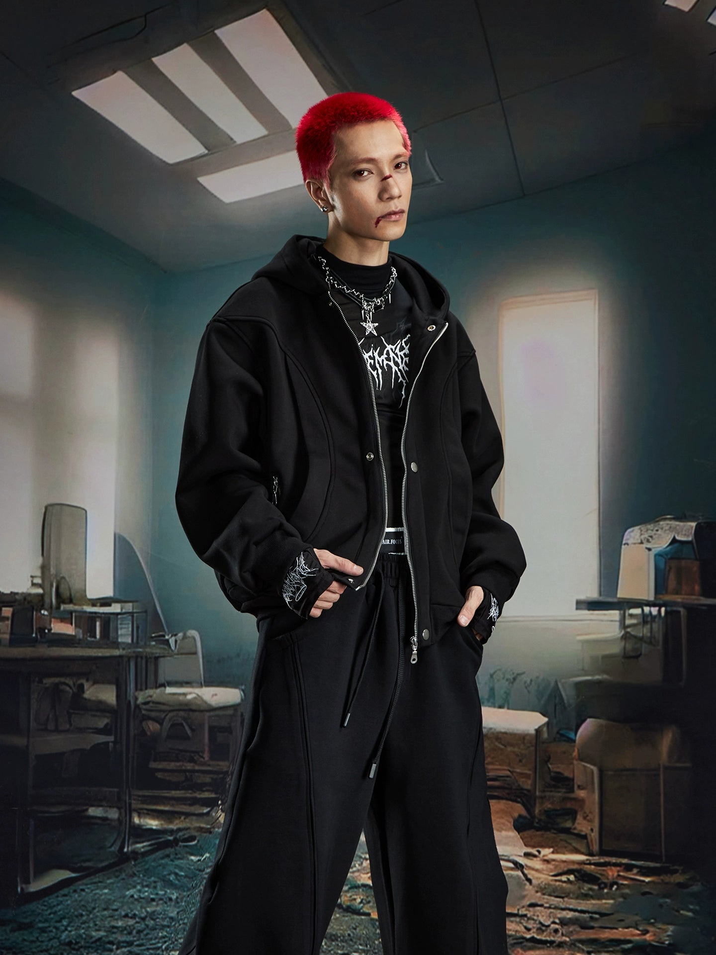 Deconstructed Oversize Zipper Hoodie & Wide Leg Sweatpants Setup WN20582