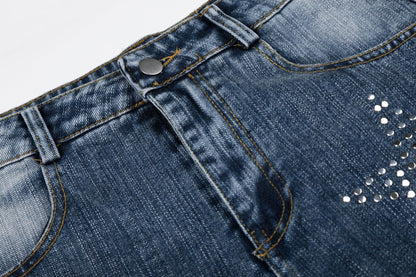 Washed Star Rhinestone Wide Leg Denim Jeans WN25458