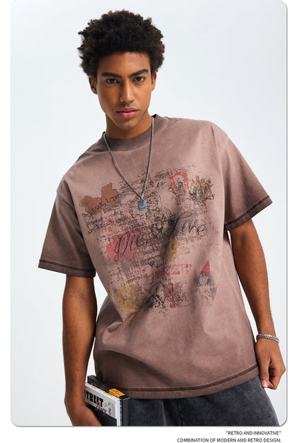 Washed Wax Dye Faded Print Short Sleeve T-Shirt WN16255