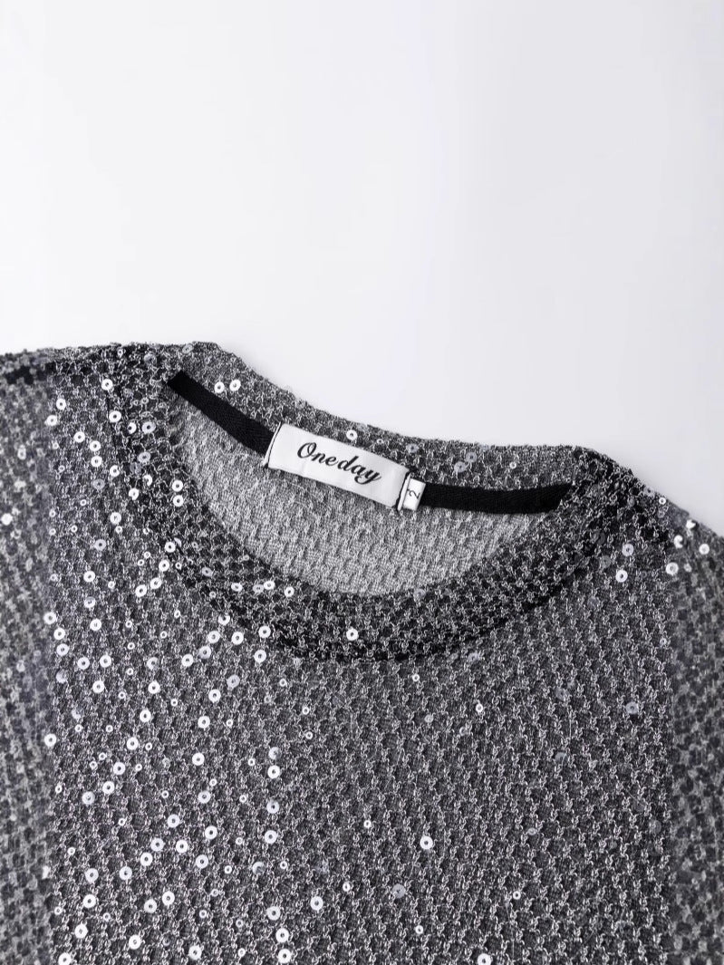 Glitter Sheer Mesh Short Sleeve T-Shirt WN27882