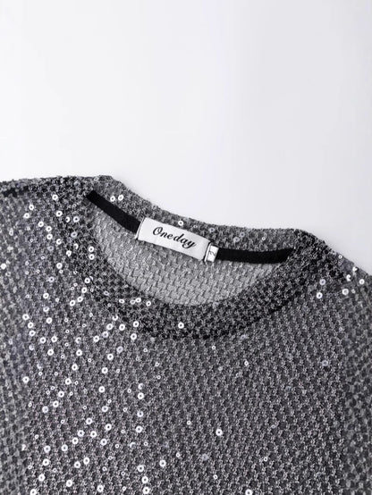 Glitter Sheer Mesh Short Sleeve T-Shirt WN27882