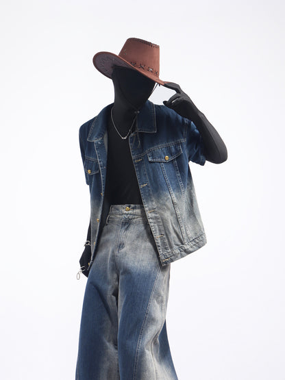 Denim Short Sleeve Jacket & Wide Leg Denim Jeans Setup WN23726