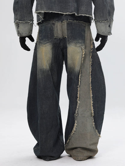 Deconstructed Patchwork Curved Blade Design Wide Leg Denim Jeans WN18660