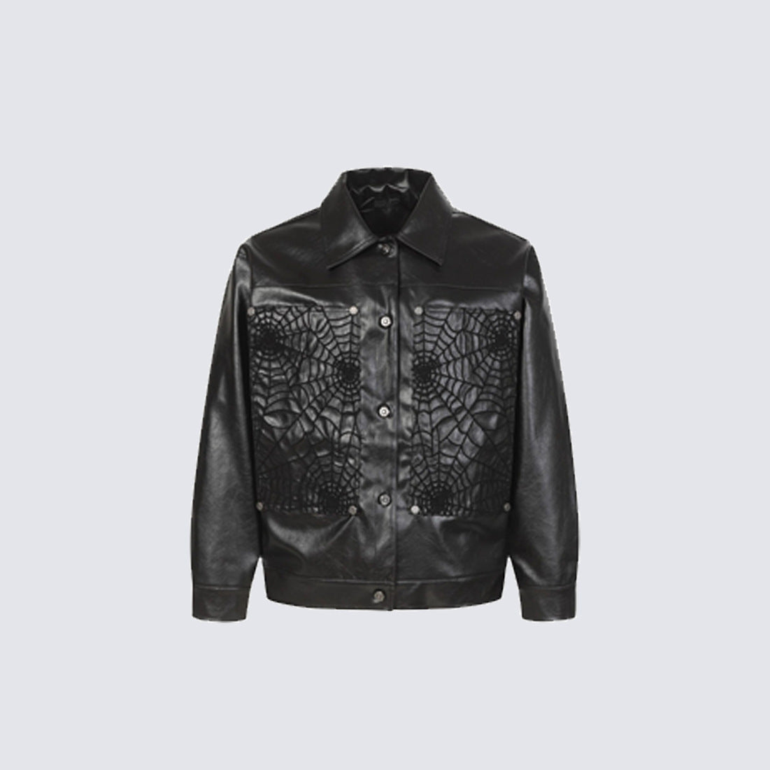 Shoulder-Pad Spider Web PU Leather Jacket Wide Leg Pants Setup WN27913