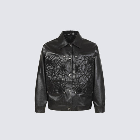 Shoulder-Pad Spider Web PU Leather Jacket Wide Leg Pants Setup WN27913