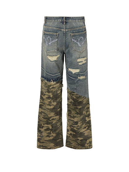 Washed Random Stitch Damage Denim Camouflage  Pants WN17803