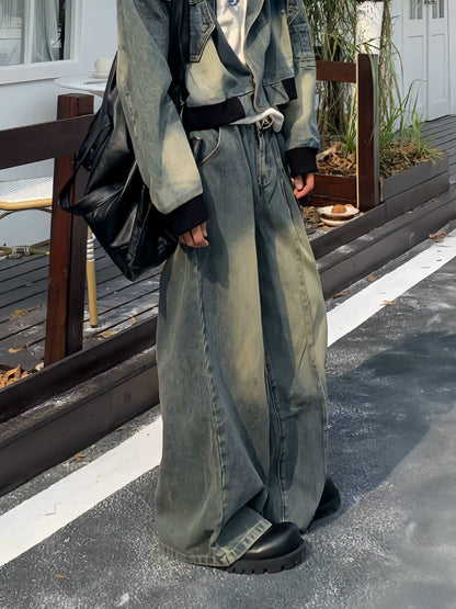 Washed Damage Denim Jacket & Wide Leg Denim Jeans Setup WN19934