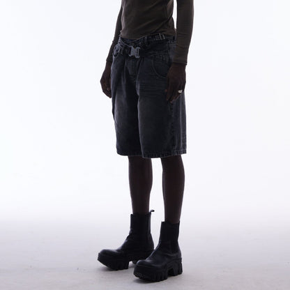 Washed Whisker Metal Buckle Denim Half Pants WN25513