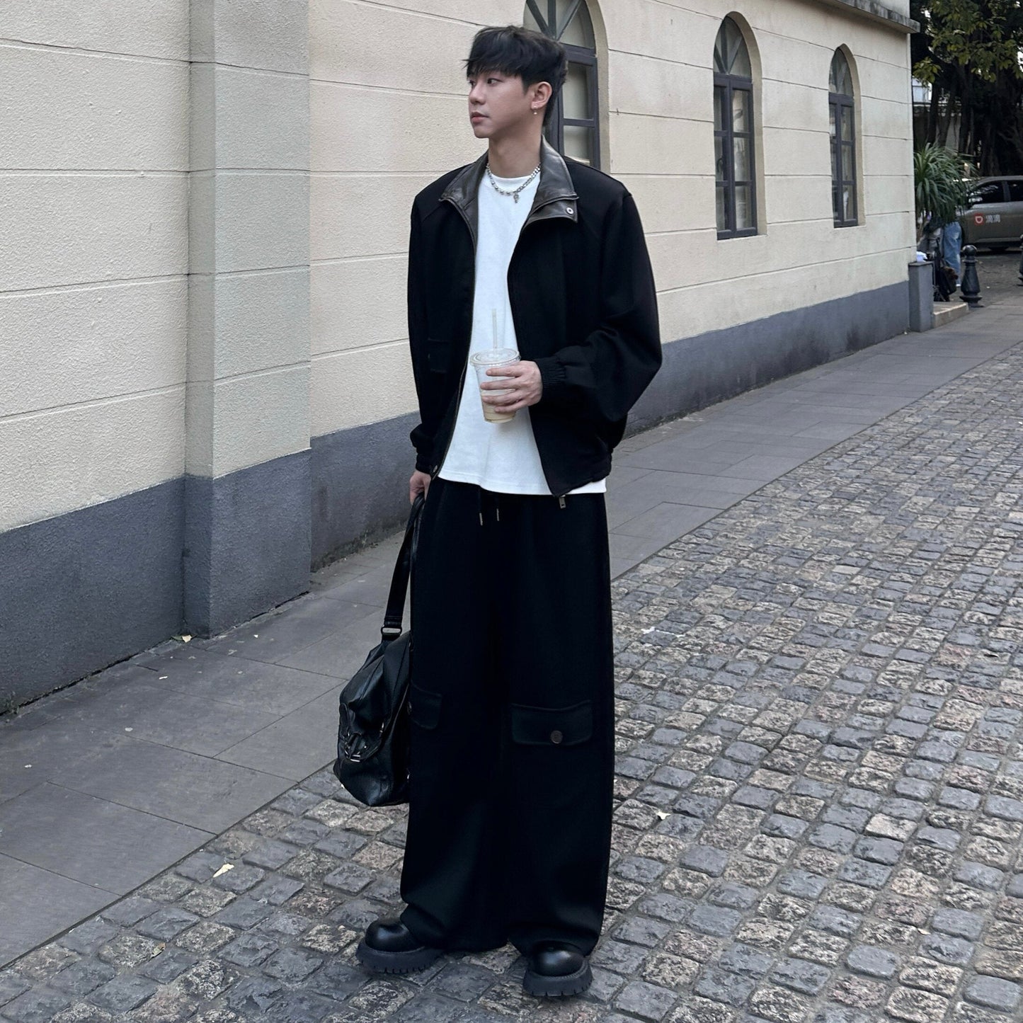 Air Layer Cotton Shoulder-pad PU Leather Patch Jacket & Air Layer Cotton Wide Leg Cargo Sweatpants Setup WN25244