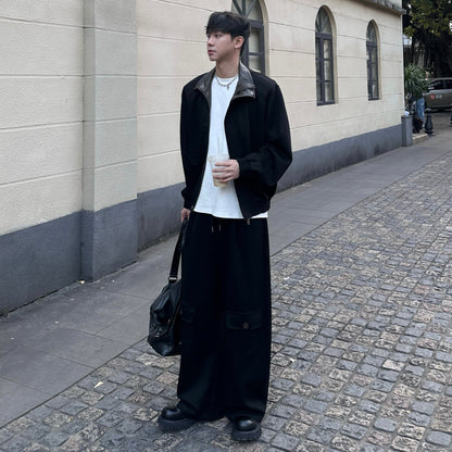 Air Layer Cotton Shoulder-pad PU Leather Patch Jacket & Air Layer Cotton Wide Leg Cargo Sweatpants Setup WN25244
