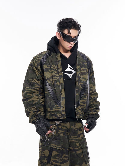 Camouflage Patchwork Leather Jacket & Cargo Pants Setup WN11726