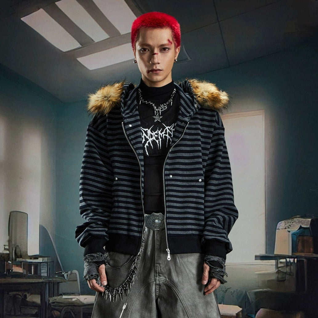 Fur Splicing Stripe Zipper Hoodie WN20591