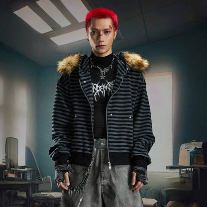 Fur Splicing Stripe Zipper Hoodie WN20591