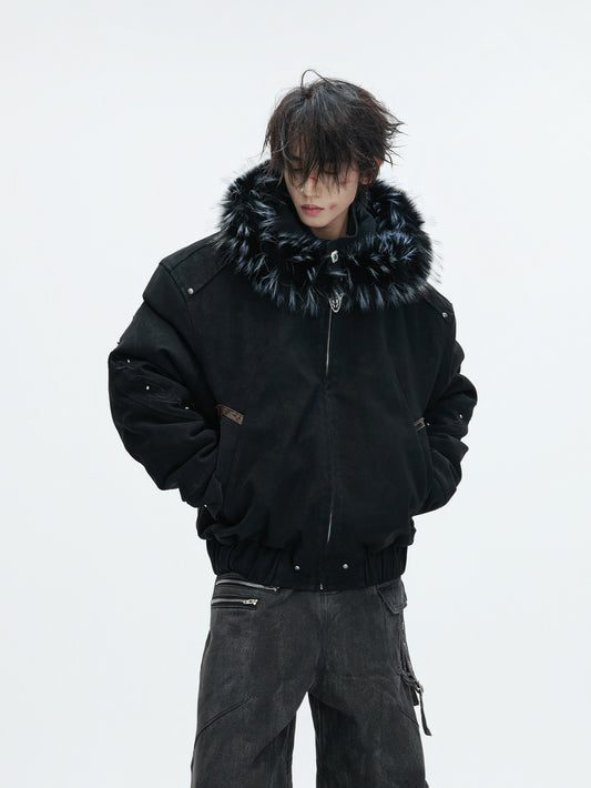 Hooded Fake Fur Embroidery PU Leather Puffer Jacket WN22604