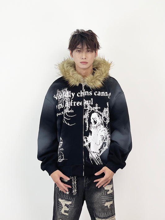Fake Fur Collar Heavyweight Oversize Zipper Hoodie WN24276