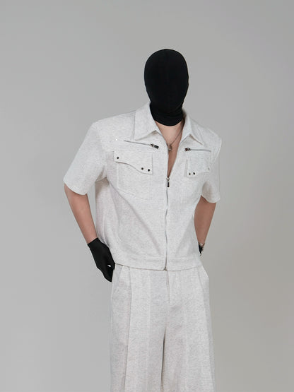 Metal Studs Zipper Jacket & Wide Leg Pants Setup WN17382