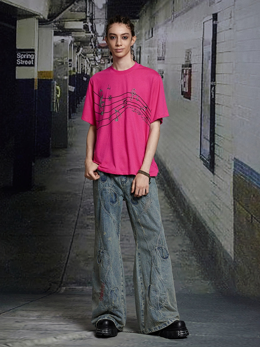 Rhinestone Music Note Print Short Sleeve T-Shirt WN17126