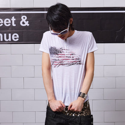 Henley Neck Letter Print Short Sleeve T-Shirt WN27229