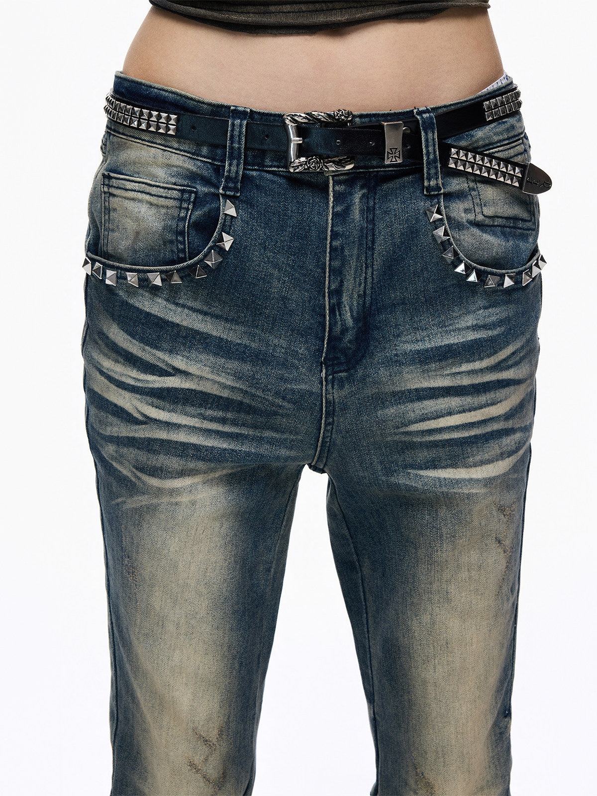 Whisker Stud Snakeskin Panel Flare Denim Jeans WN27297
