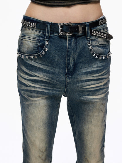 Whisker Stud Snakeskin Panel Flare Denim Jeans WN27297