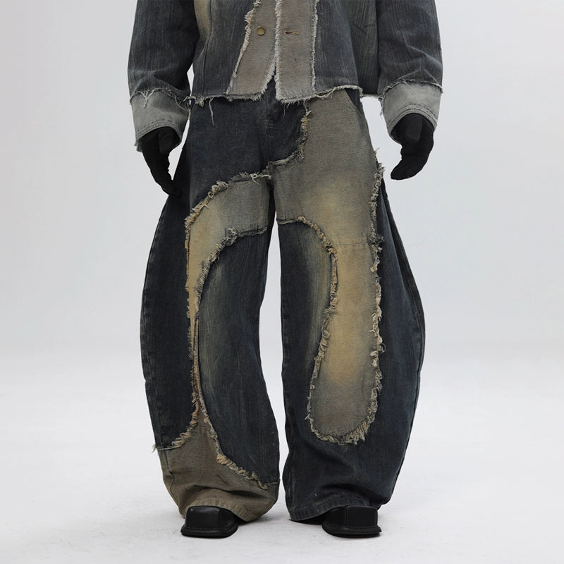 Deconstructed Patchwork Curved Blade Design Wide Leg Denim Jeans WN18660