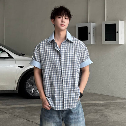 Plaid Contrast Cuff Short Sleeve Shirt WN25314