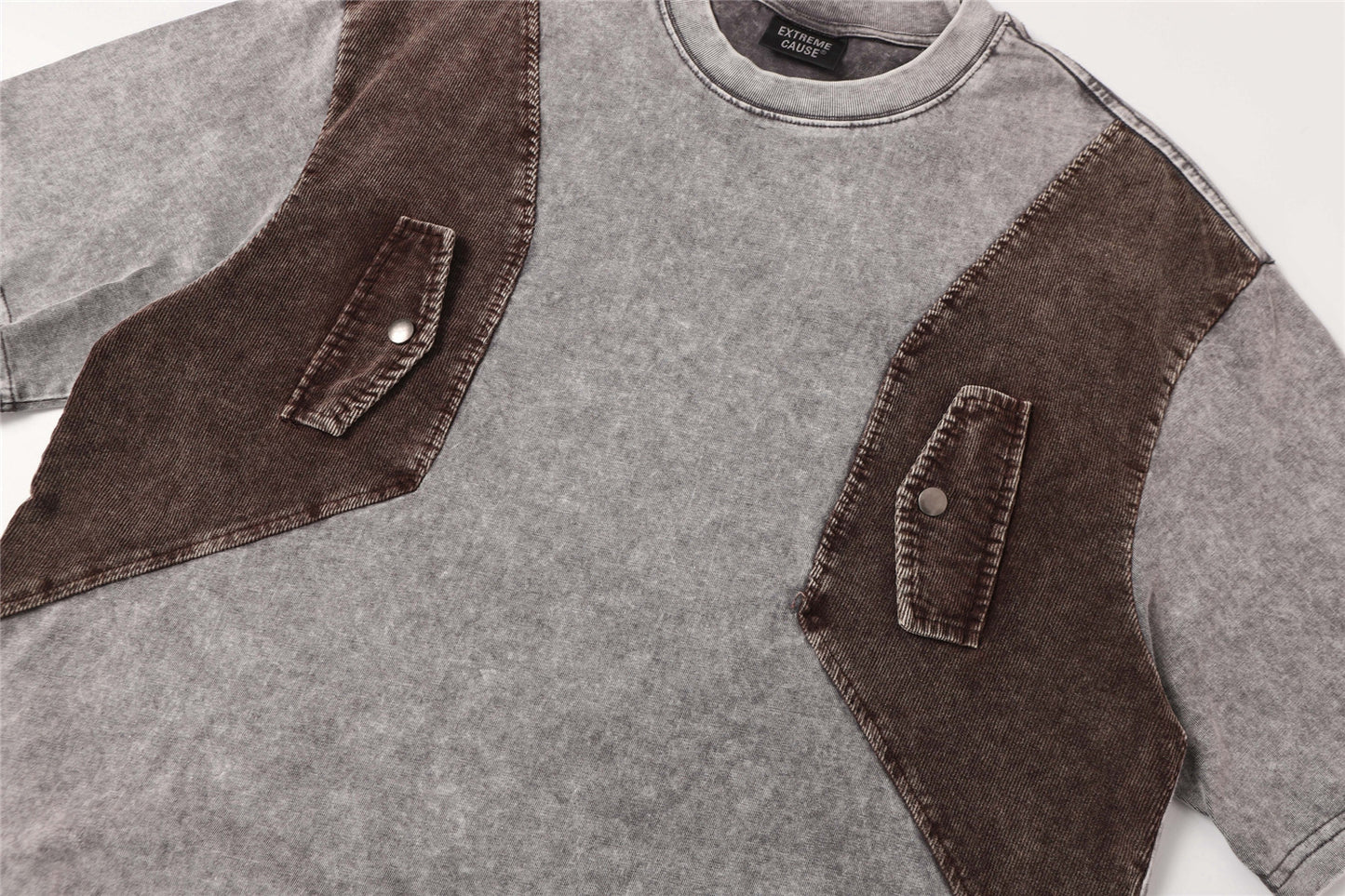 Washed Patchwork Utility Pocket Short Sleeve T-Shirt WN26906
