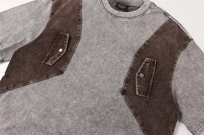 Washed Patchwork Utility Pocket Short Sleeve T-Shirt WN26906