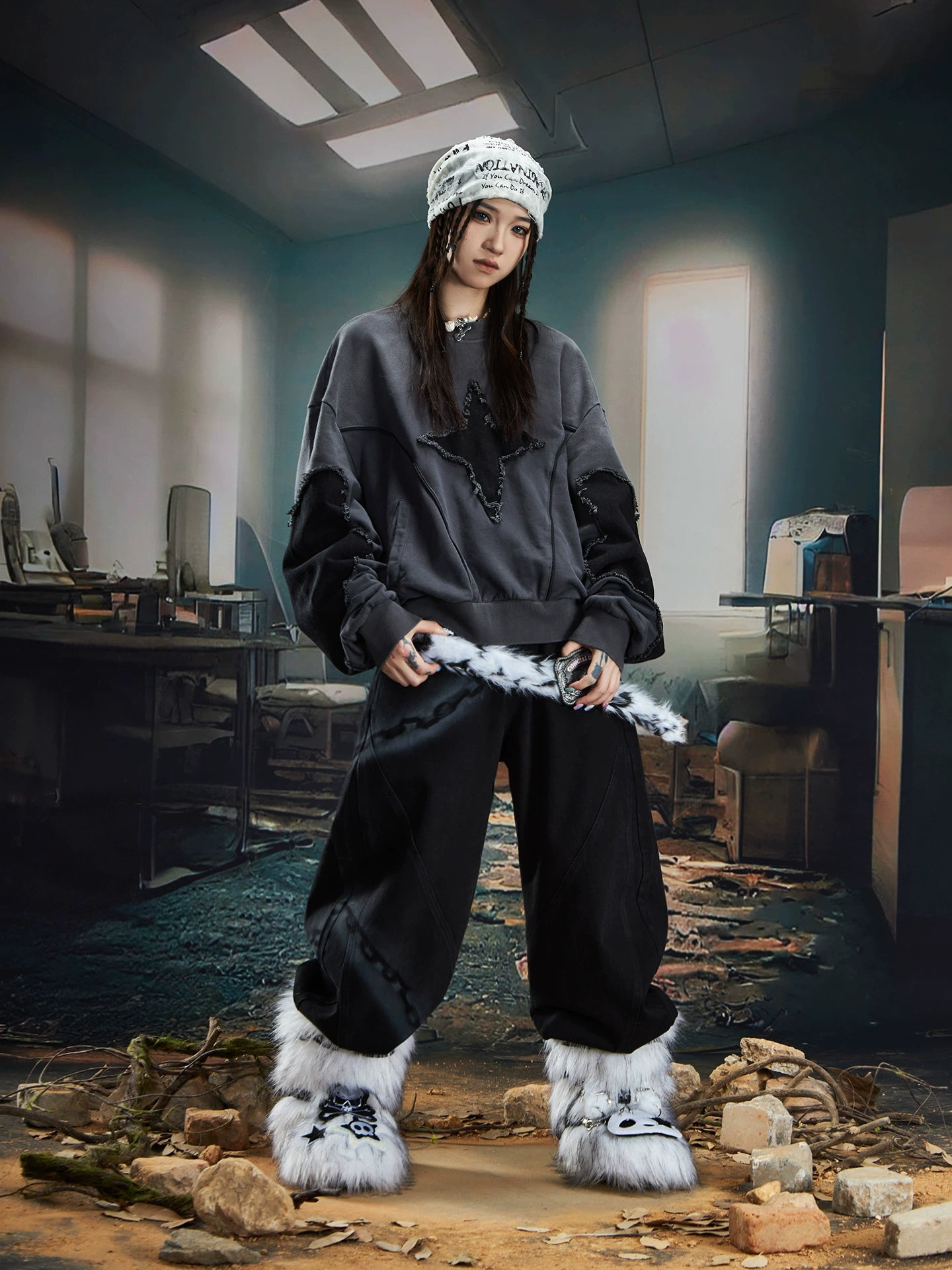 Spray Paint Graffiti Chain Washed Wide Leg Denim Jeans WN20574