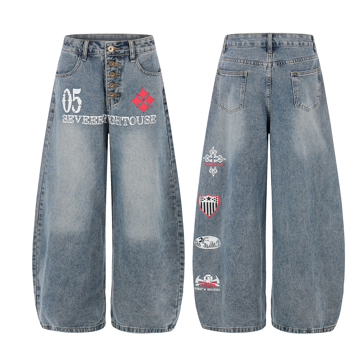 Button Fly Curved Wide Leg Denim Jeans WN25733