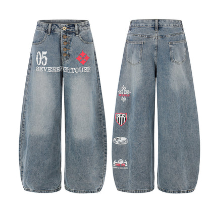 Button Fly Curved Wide Leg Denim Jeans WN25733