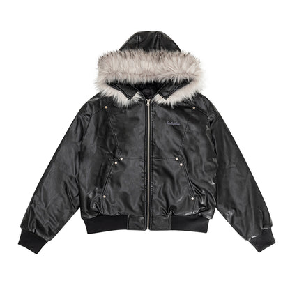 PU Leather Detachable Fur Collar Padded Parker Jacket WN11312