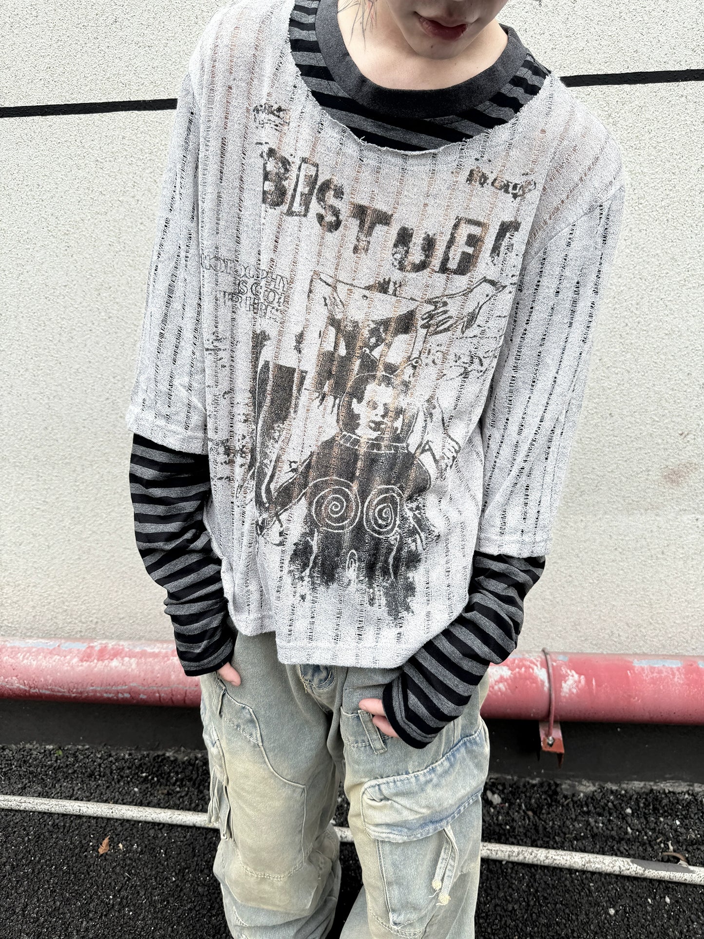 Fake Layered Stripe Hollow Print Long Sleeve T-Shirt WN21151