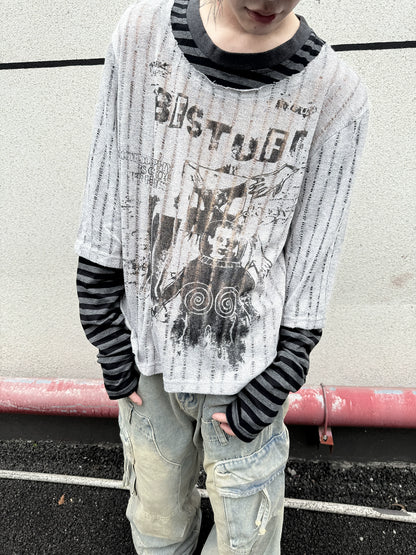 Fake Layered Stripe Hollow Print Long Sleeve T-Shirt WN21151