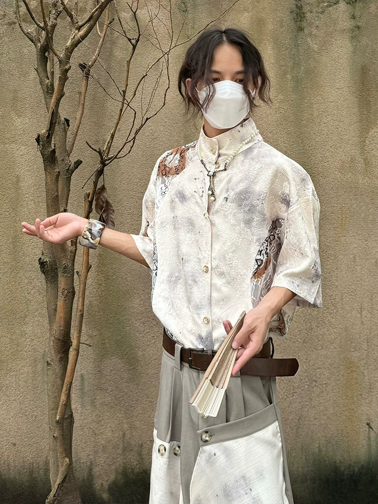 Chinese Style Jacquard Hollow Texture Stand Neck Short Sleeve Shirt WN19997