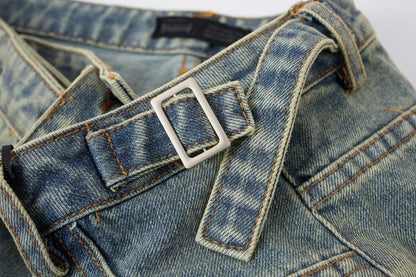 Washed Whisker Metal Buckle Denim Half Pants WN25513