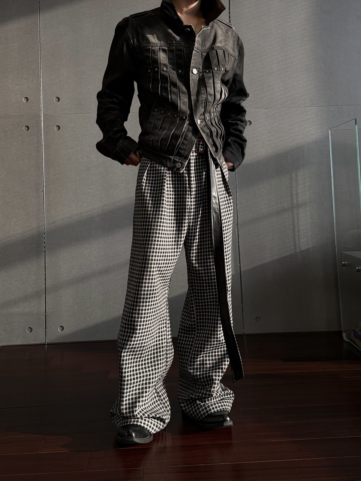 Plaid Pleats Adjustable Strap Wide Leg Trousers WN27047