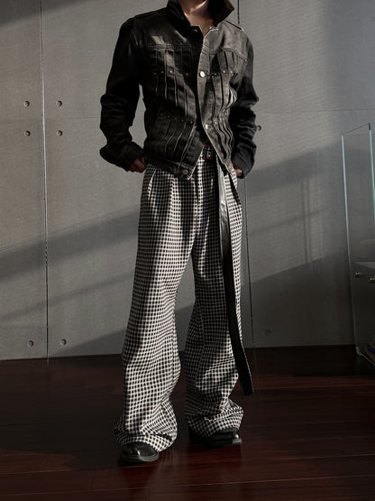 Plaid Pleats Adjustable Strap Wide Leg Trousers WN27047