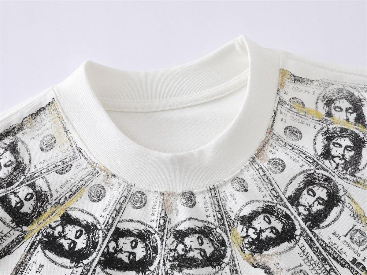 Dollar Bill Collar Print Short Sleeve T-Shirt WN26824