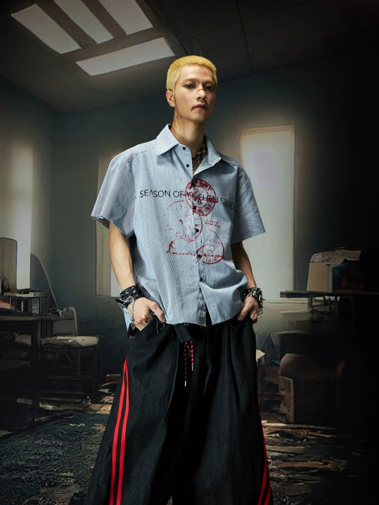 Graphic Letter Print Colorblock Stripe Oversize Short Sleeve Shirt WN18492