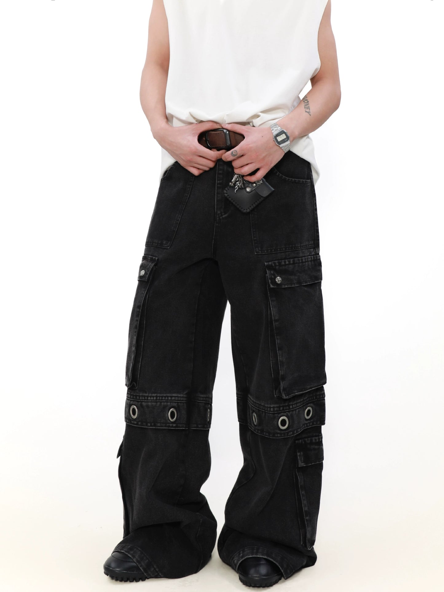 Multi Pocket Wide Leg Straight Cargo Denim Jeans WN8300