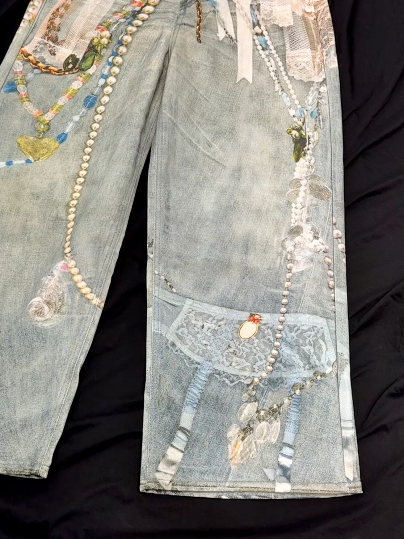 3D Print Washed Wide Leg Denim Jeans WN23038