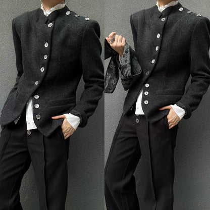 Wool Standing-Collar Button-Front Tailored Jacket & Design Shawl Set WN23141