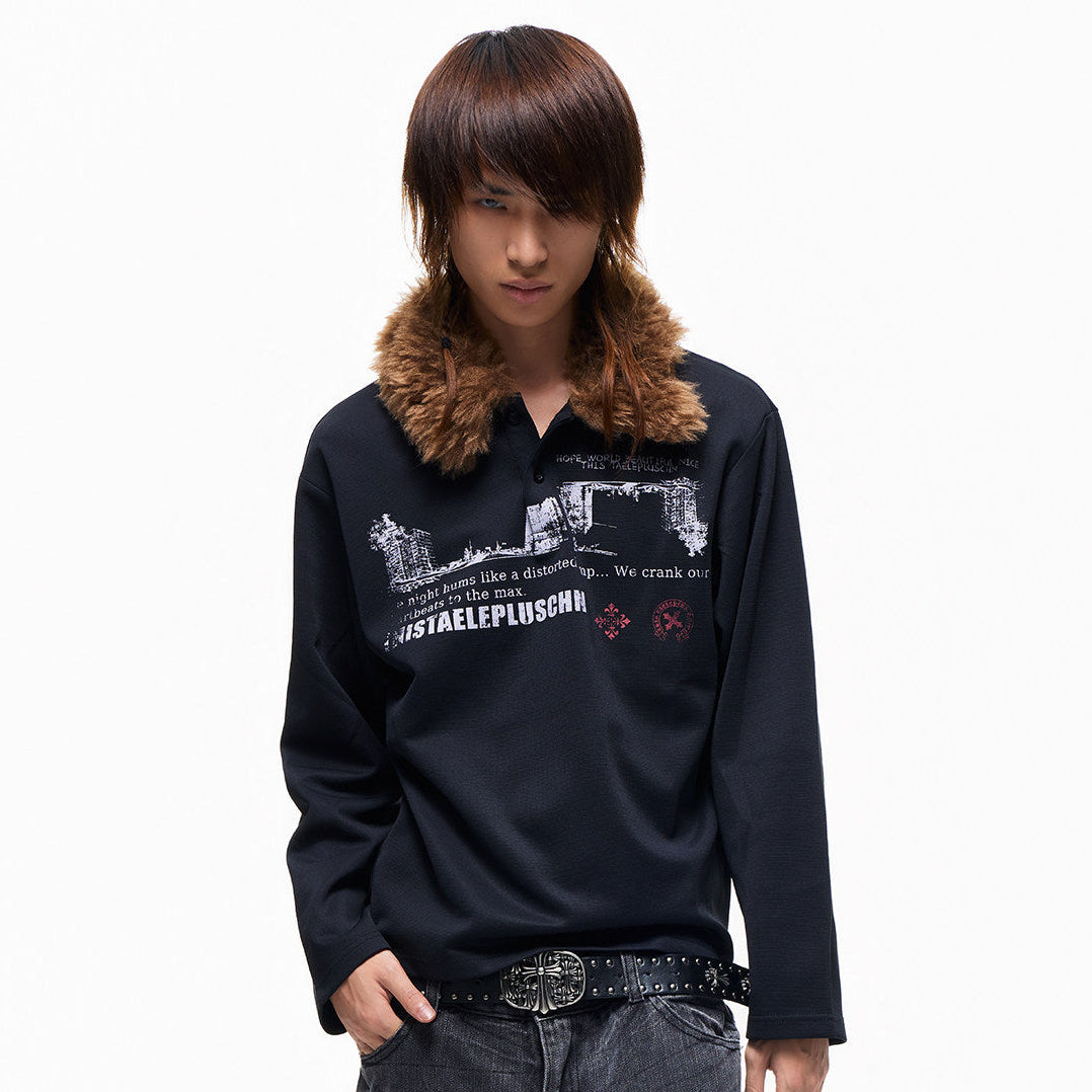 Graphic Print Detachable Fur Collar Long Sleeve T-Shirt WN27269
