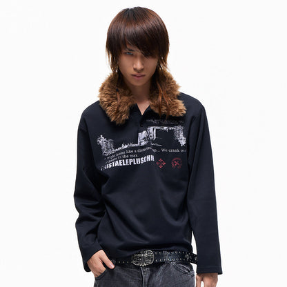 Graphic Print Detachable Fur Collar Long Sleeve T-Shirt WN27269